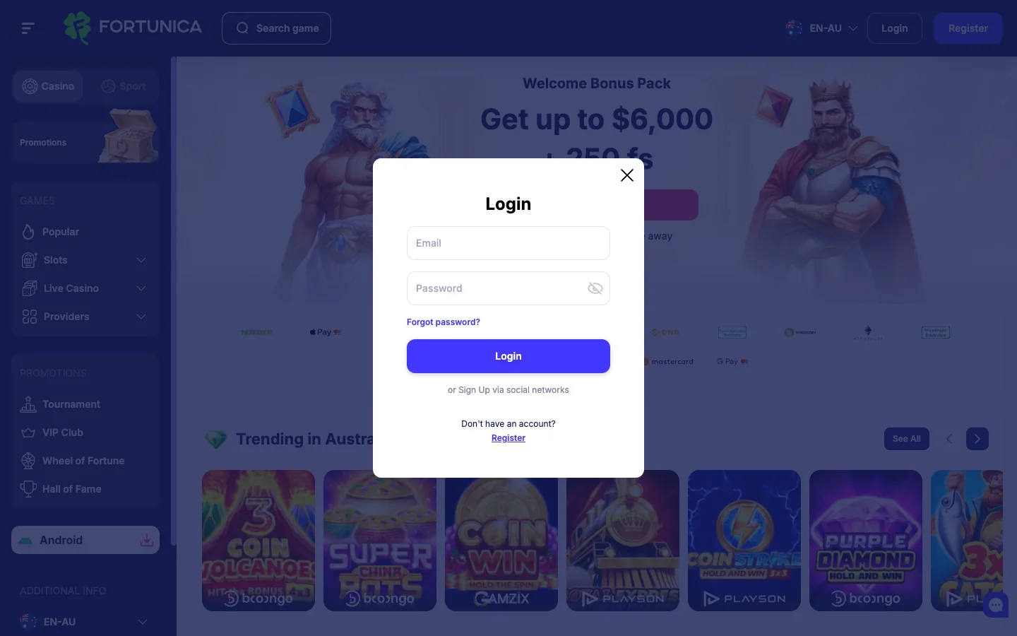 Fortunica casino login panel used by the app login and the mobile browser alike