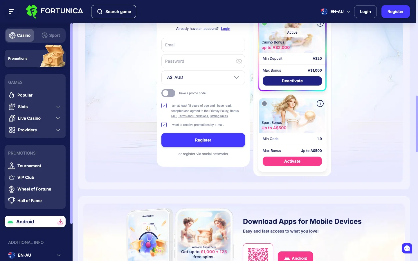 Fortunica casino registration form beside the welcome bonus picker with the Android app download block